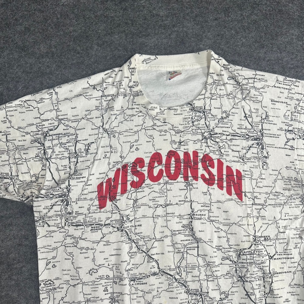 Vintage 90s Single‎ Stitch Wisconsin AOP Map Graphic T Shirt Men's XL